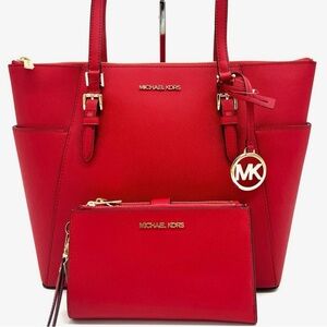 Michael Kors Large Charlotte Tote Bag & Large Double Zip Wallet Bright Red